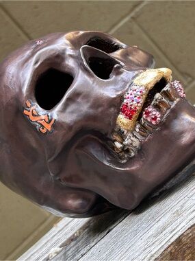 Handmade Elegant Dark Bronze Ceramic Skull Sculpture Gld Leaf & Red Crystals